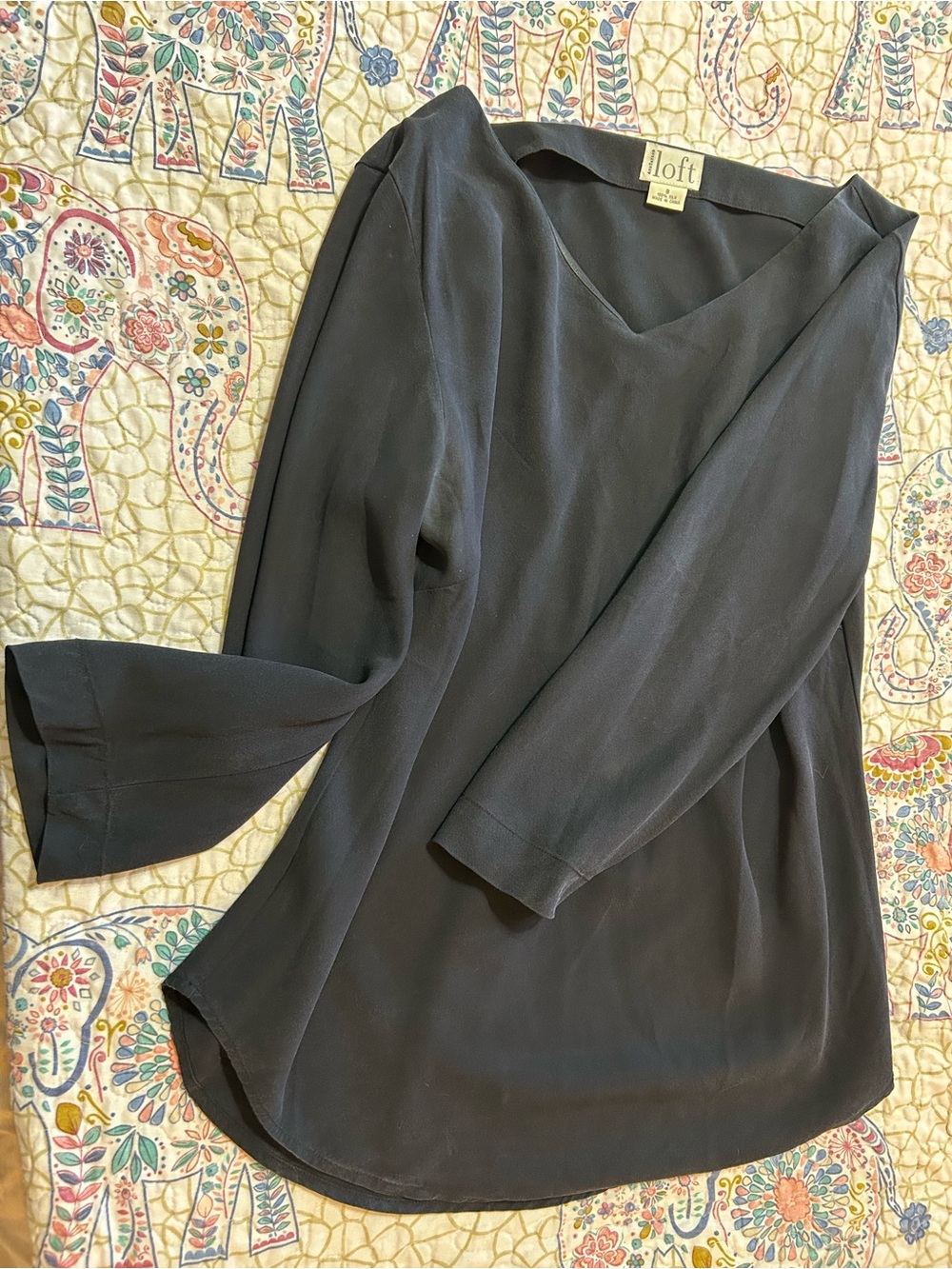 Ann Taylor LOFT Dark Blue V-Neck Silk Blouse